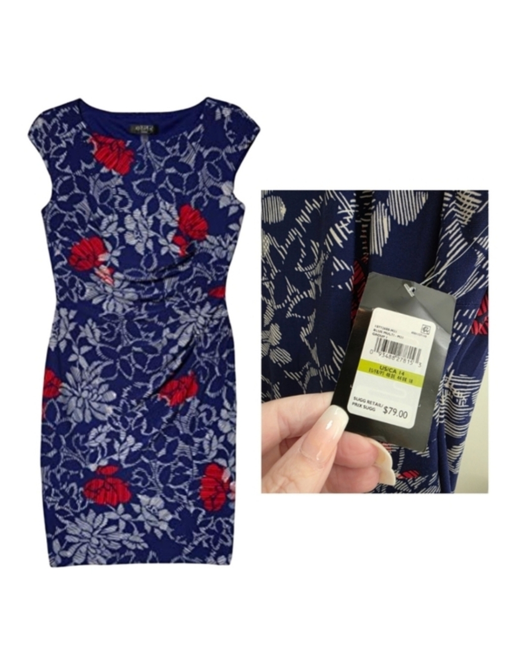 NWT Kasper Floral Navy Blue Red Dress size 14 Stretch Petra Style T-2263